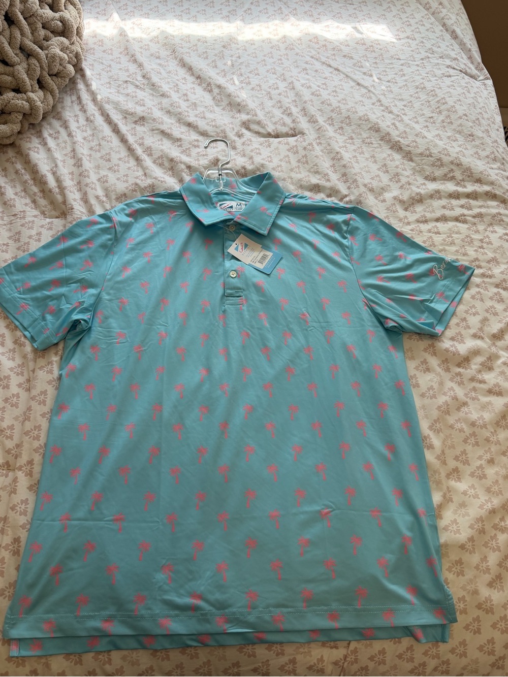 NWT Bermies Men’s Palm Tree Polo Shirt Aqua Pink Medium Tropical Golf Polo